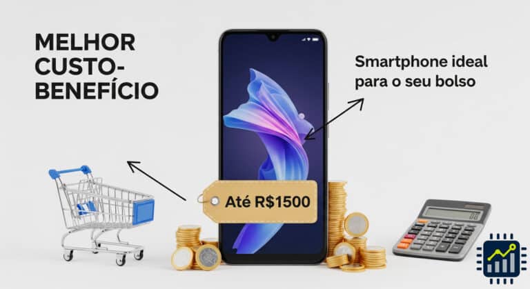 Top 5 melhores celulares até 1500 reais em 2025 – Guia completo para comprar no Brasil 6 Smartphone moderno com etiqueta de preço "Até R$1500" e textos "Melhor Custo-Benefício" e "Smartphone ideal para o seu bolso", com elementos como carrinho de compras, moedas e calculadora, representando celulares acessíveis e de bom valor.